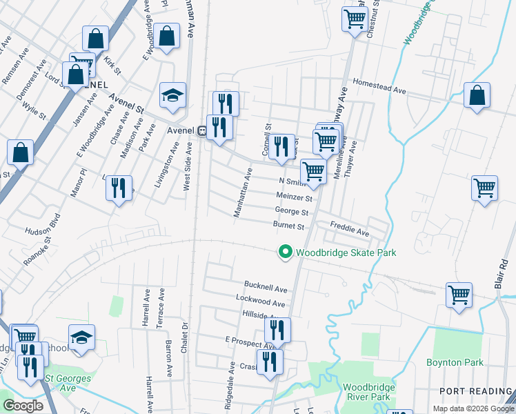 map of restaurants, bars, coffee shops, grocery stores, and more near George Street in Woodbridge Township