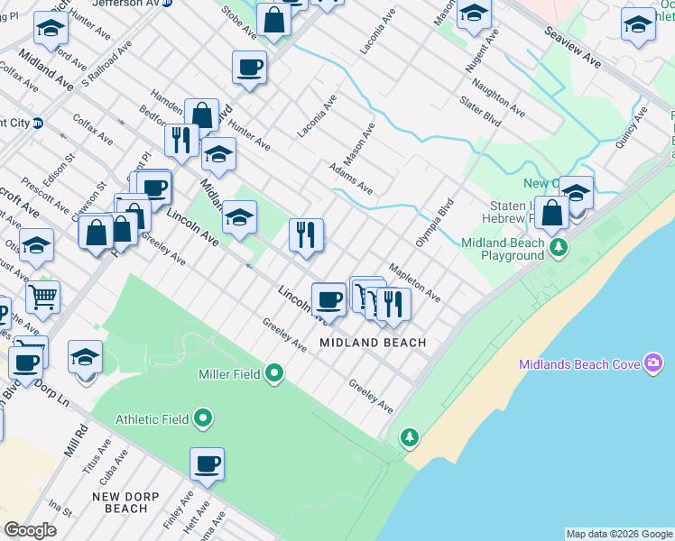 map of restaurants, bars, coffee shops, grocery stores, and more near 512 Midland Avenue in Staten Island