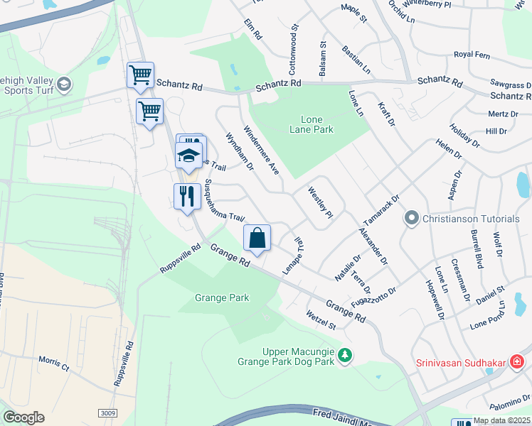 map of restaurants, bars, coffee shops, grocery stores, and more near 277 Lenape Trail in Allentown