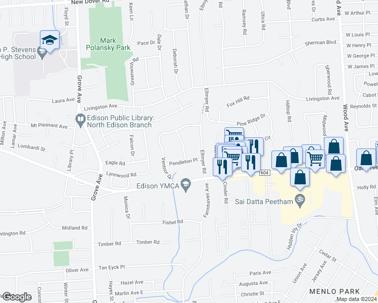 map of restaurants, bars, coffee shops, grocery stores, and more near 14 Pendleton Place in Edison