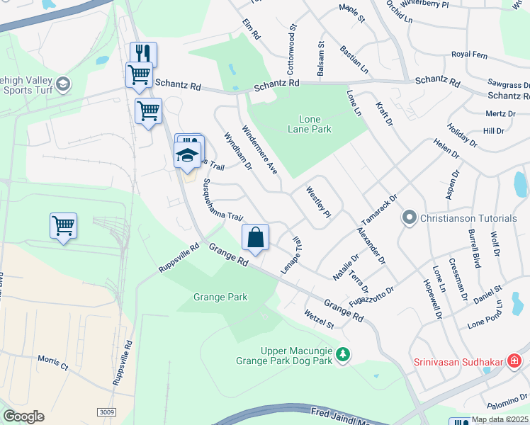 map of restaurants, bars, coffee shops, grocery stores, and more near 277 Lenape Trail in Allentown