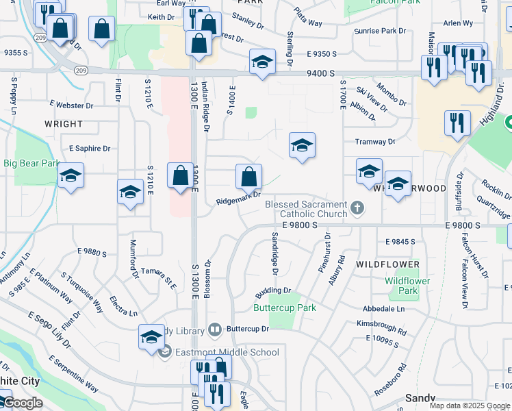 map of restaurants, bars, coffee shops, grocery stores, and more near 1469 Winterwood Circle in Sandy