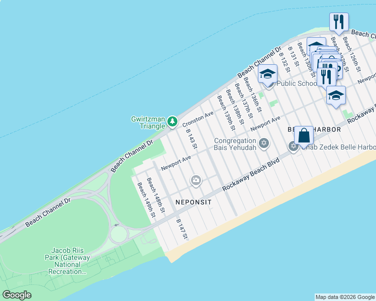 map of restaurants, bars, coffee shops, grocery stores, and more near 4-14 Beach 144th Street in Queens