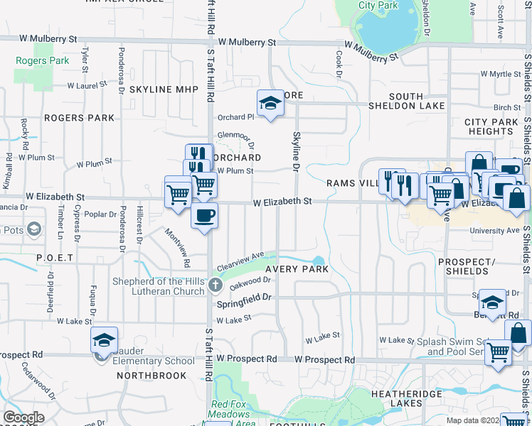 map of restaurants, bars, coffee shops, grocery stores, and more near 1006 Cragmore Drive in Fort Collins