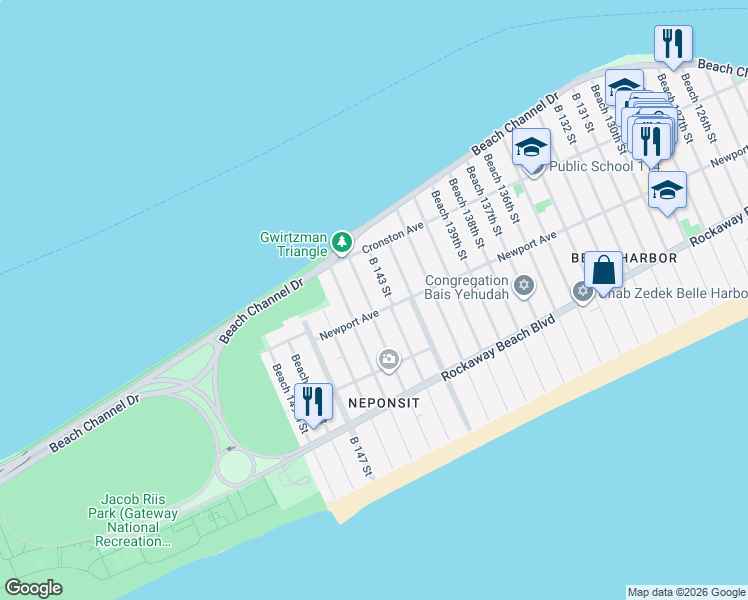 map of restaurants, bars, coffee shops, grocery stores, and more near 4-14 Beach 144th Street in Queens
