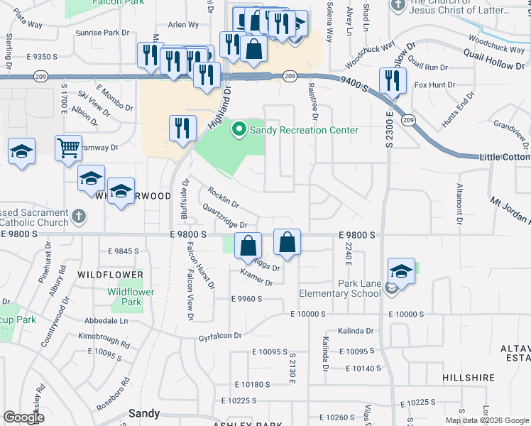 map of restaurants, bars, coffee shops, grocery stores, and more near 2089 Rocklin Drive in Sandy