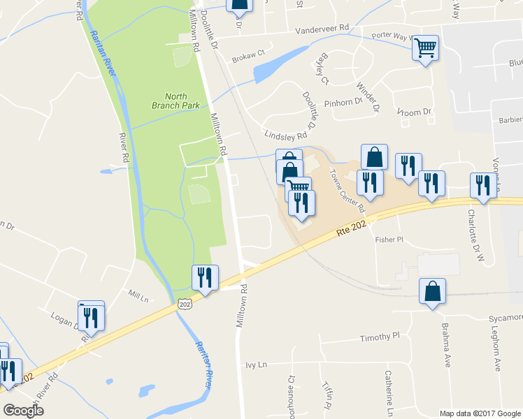 map of restaurants, bars, coffee shops, grocery stores, and more near 74 Whitehead Road in Bridgewater