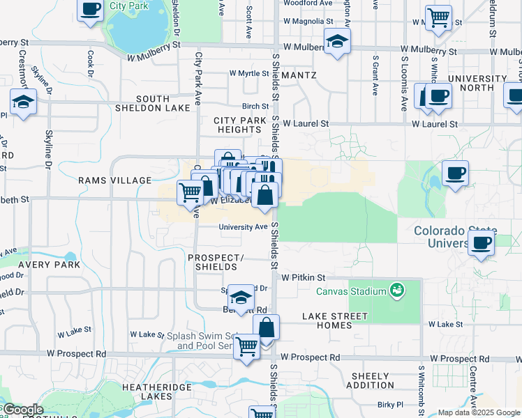 map of restaurants, bars, coffee shops, grocery stores, and more near 1201 University Avenue in Fort Collins