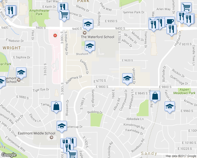 map of restaurants, bars, coffee shops, grocery stores, and more near 1559 Bainbridge Road in Sandy