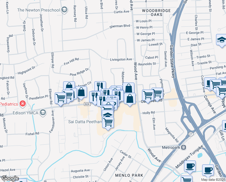 map of restaurants, bars, coffee shops, grocery stores, and more near 13 Henry Street in Edison