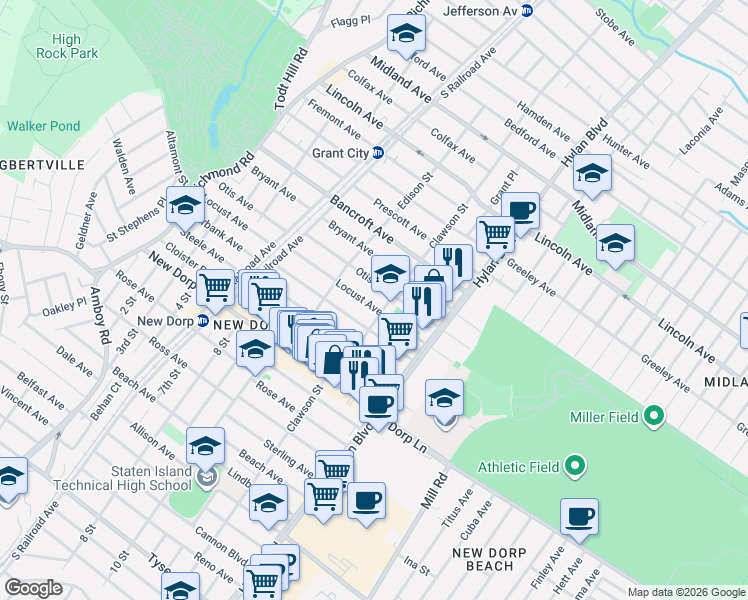 map of restaurants, bars, coffee shops, grocery stores, and more near 257 Burbank Avenue in Staten Island