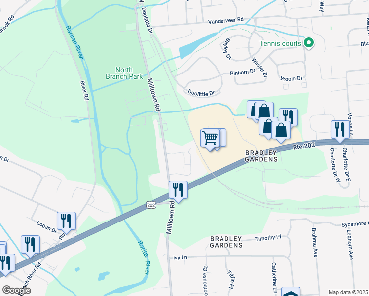 map of restaurants, bars, coffee shops, grocery stores, and more near 74 Whitehead Road in Bridgewater