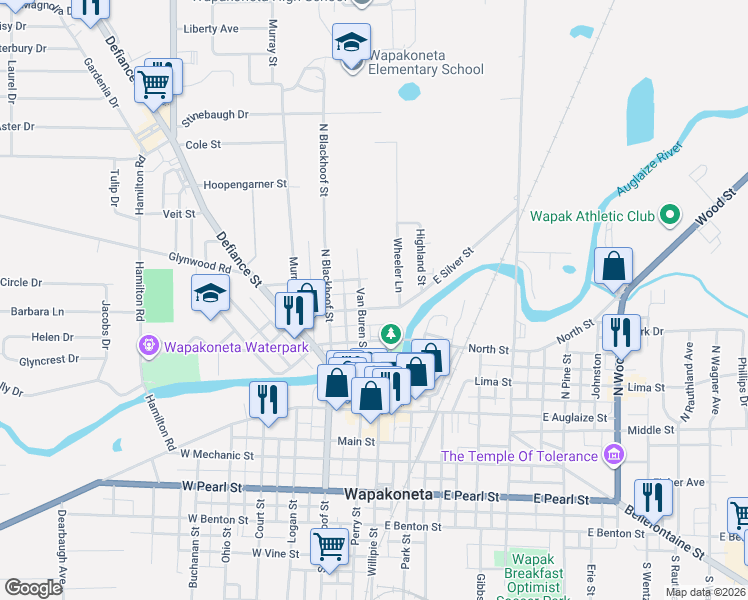 map of restaurants, bars, coffee shops, grocery stores, and more near 5 East Silver Street in Wapakoneta