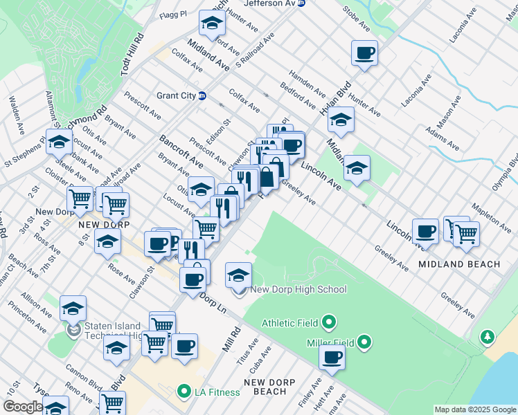 map of restaurants, bars, coffee shops, grocery stores, and more near 2320 Hylan Boulevard in Staten Island