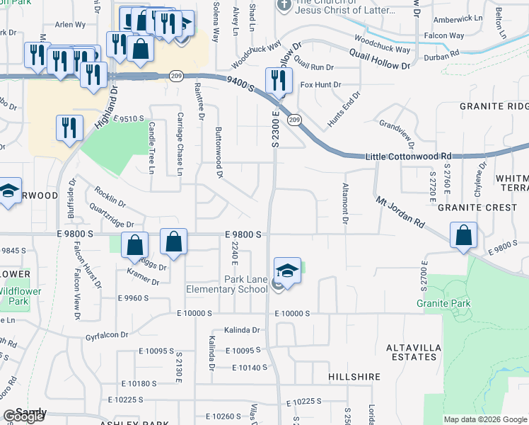 map of restaurants, bars, coffee shops, grocery stores, and more near 9742 Eastdell Drive in Sandy