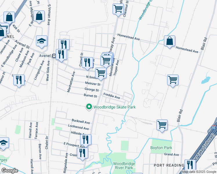 map of restaurants, bars, coffee shops, grocery stores, and more near 21 Mereline Ave in Woodbridge Township