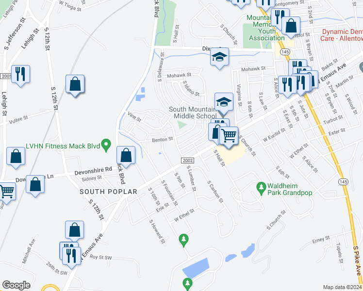 map of restaurants, bars, coffee shops, grocery stores, and more near 2224 Baker Drive in Allentown