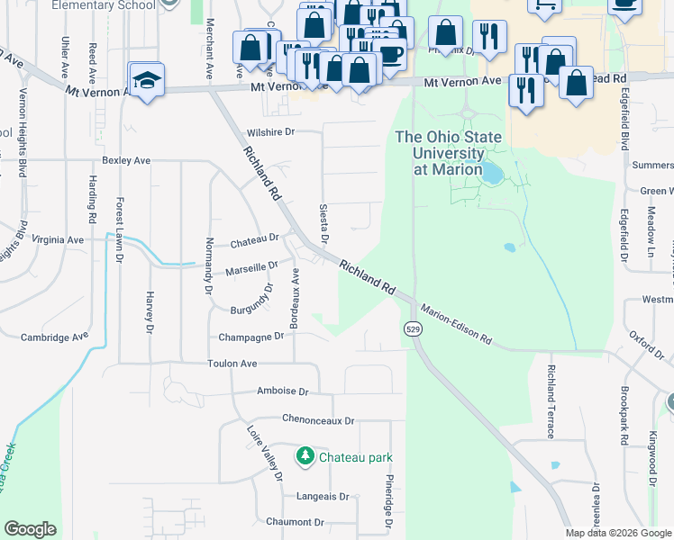 map of restaurants, bars, coffee shops, grocery stores, and more near 632 Bordeaux Avenue in Marion