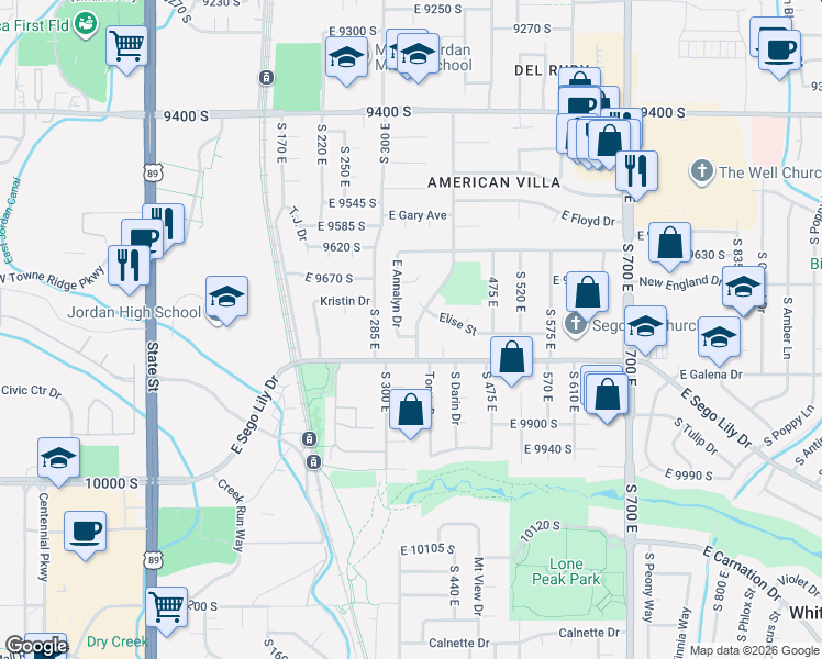 map of restaurants, bars, coffee shops, grocery stores, and more near 9750 South David Street in Sandy