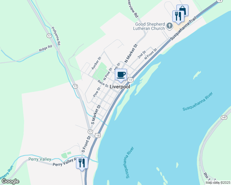 map of restaurants, bars, coffee shops, grocery stores, and more near 200 South Front Street in Liverpool