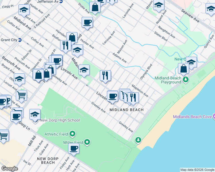 map of restaurants, bars, coffee shops, grocery stores, and more near 512 Midland Avenue in Staten Island