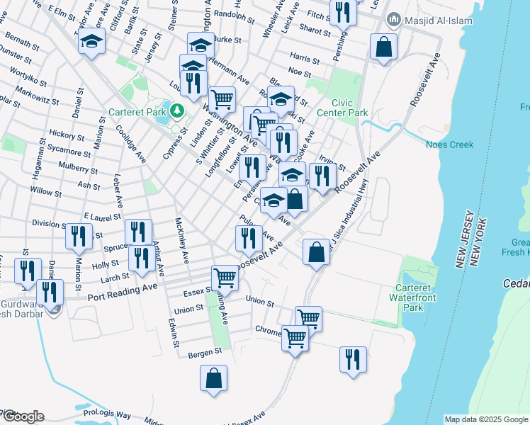 map of restaurants, bars, coffee shops, grocery stores, and more near 22-B Pulaski Avenue in Carteret