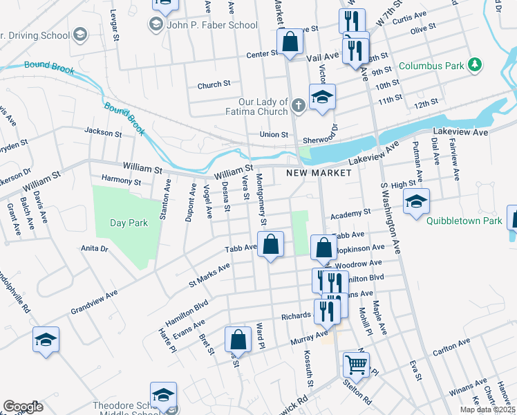 map of restaurants, bars, coffee shops, grocery stores, and more near 51 Vera Street in Piscataway