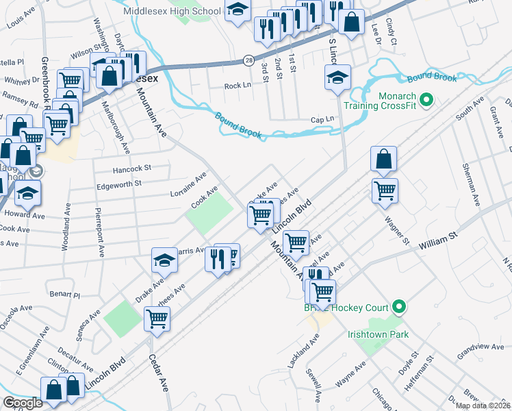 map of restaurants, bars, coffee shops, grocery stores, and more near 708 Voorhees Avenue in Middlesex
