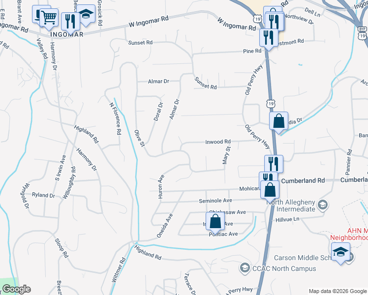 map of restaurants, bars, coffee shops, grocery stores, and more near 461 Olive Street in Pittsburgh