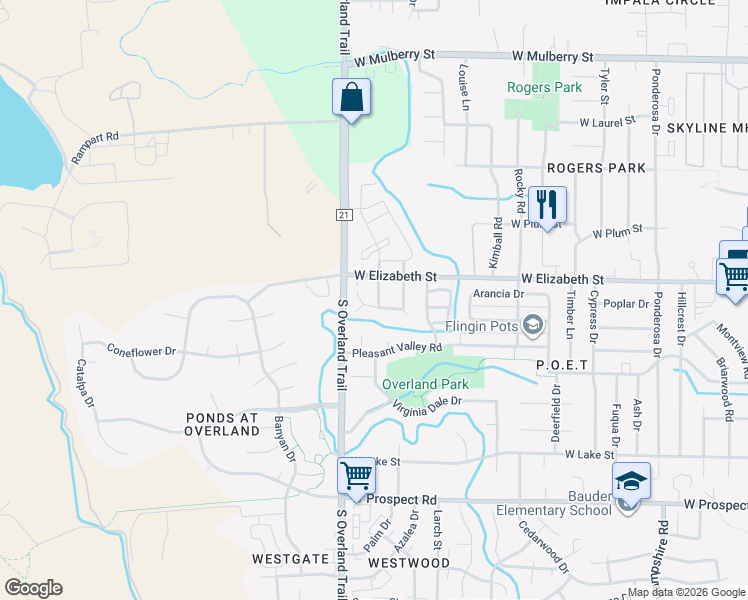map of restaurants, bars, coffee shops, grocery stores, and more near 1042 Tierra Lane in Fort Collins