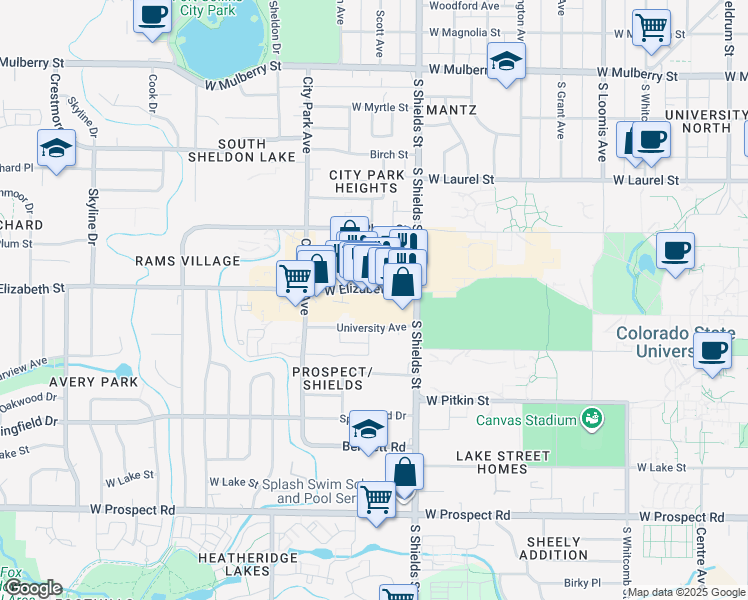 map of restaurants, bars, coffee shops, grocery stores, and more near 1201 University Avenue in Fort Collins