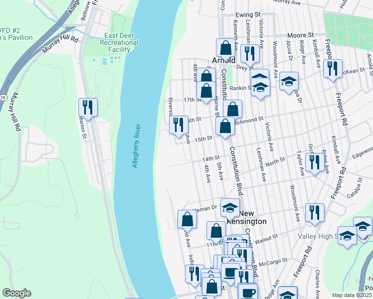 map of restaurants, bars, coffee shops, grocery stores, and more near 1405 3rd Avenue in New Kensington