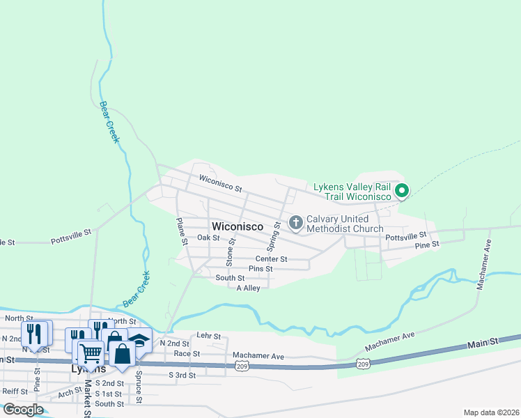 map of restaurants, bars, coffee shops, grocery stores, and more near 406 Walnut Street in Lykens