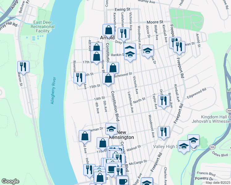 map of restaurants, bars, coffee shops, grocery stores, and more near 1542 Constitution Boulevard in Arnold