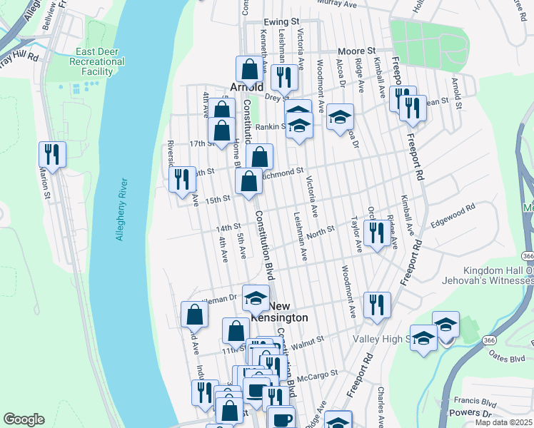 map of restaurants, bars, coffee shops, grocery stores, and more near 1615 Proctor Alley in Arnold