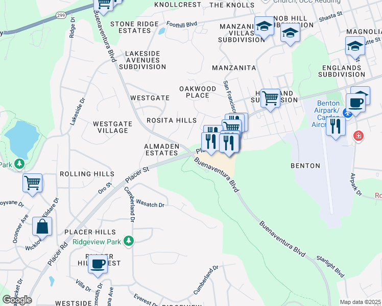 map of restaurants, bars, coffee shops, grocery stores, and more near Buenaventura Blvd & Placer St in Redding