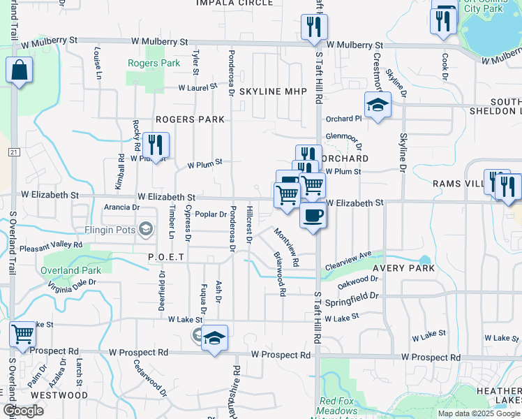 map of restaurants, bars, coffee shops, grocery stores, and more near 2250 West Elizabeth Street in Fort Collins