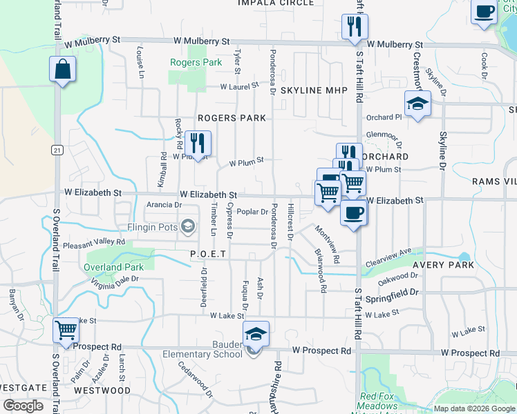 map of restaurants, bars, coffee shops, grocery stores, and more near 2450 West Elizabeth Street in Fort Collins