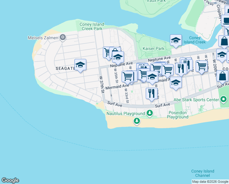 map of restaurants, bars, coffee shops, grocery stores, and more near 3505 Mermaid Avenue in Brooklyn