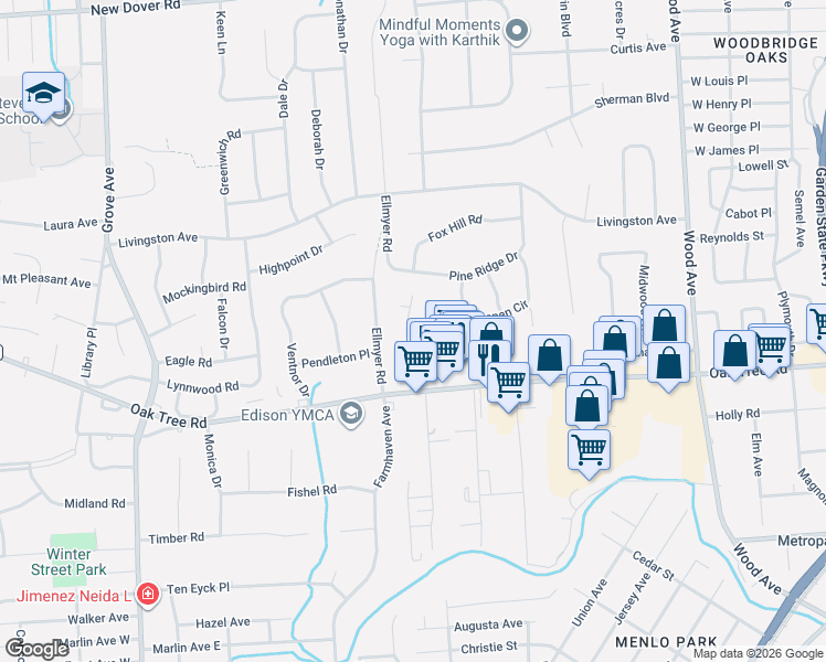 map of restaurants, bars, coffee shops, grocery stores, and more near 37 Meridian Road in Edison
