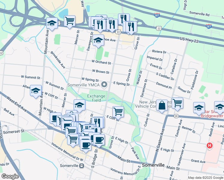 map of restaurants, bars, coffee shops, grocery stores, and more near in Somerville