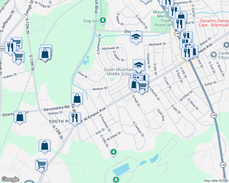 map of restaurants, bars, coffee shops, grocery stores, and more near 813 Benton Street in Allentown