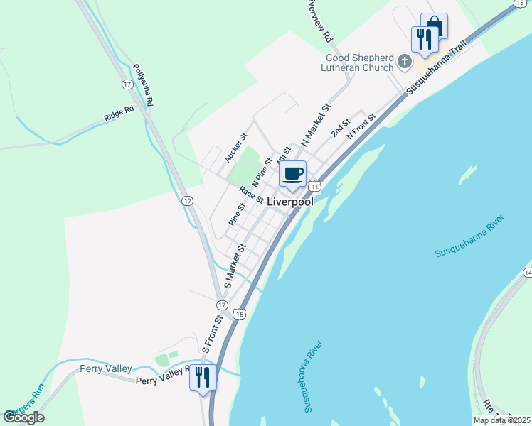 map of restaurants, bars, coffee shops, grocery stores, and more near 104 North Market Street in Liverpool