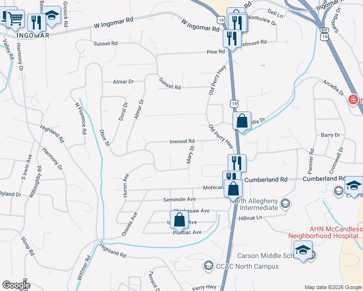 map of restaurants, bars, coffee shops, grocery stores, and more near 300 Inwood Road in Pittsburgh