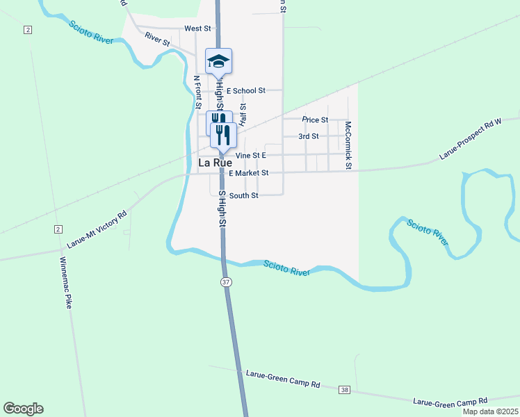 map of restaurants, bars, coffee shops, grocery stores, and more near 165 South Chestnut Street in La Rue