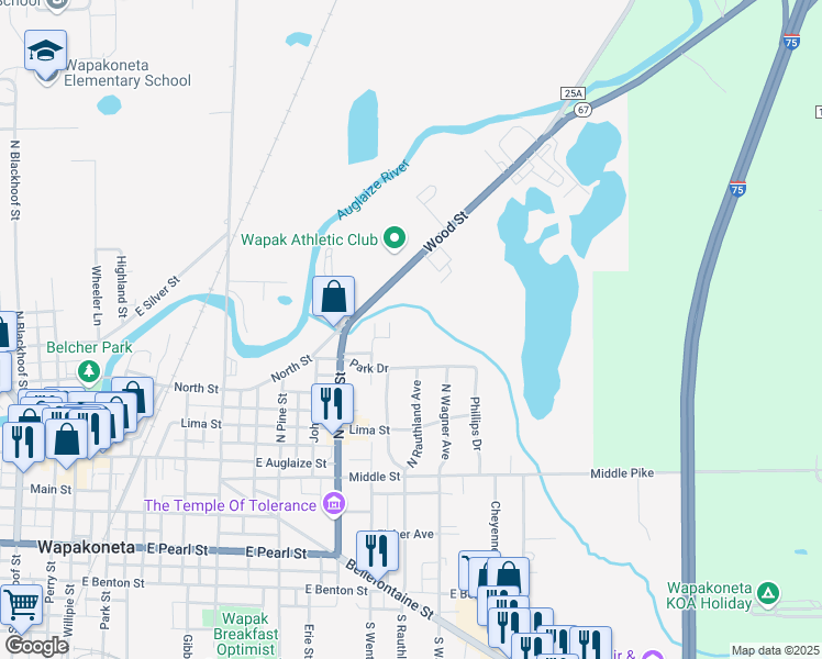 map of restaurants, bars, coffee shops, grocery stores, and more near 509 North Dixie Highway in Wapakoneta
