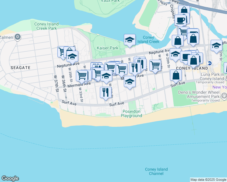 map of restaurants, bars, coffee shops, grocery stores, and more near 2955 West 29th Street in Brooklyn