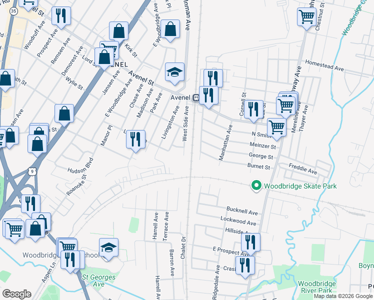 map of restaurants, bars, coffee shops, grocery stores, and more near 52 West Side Avenue in Woodbridge Township