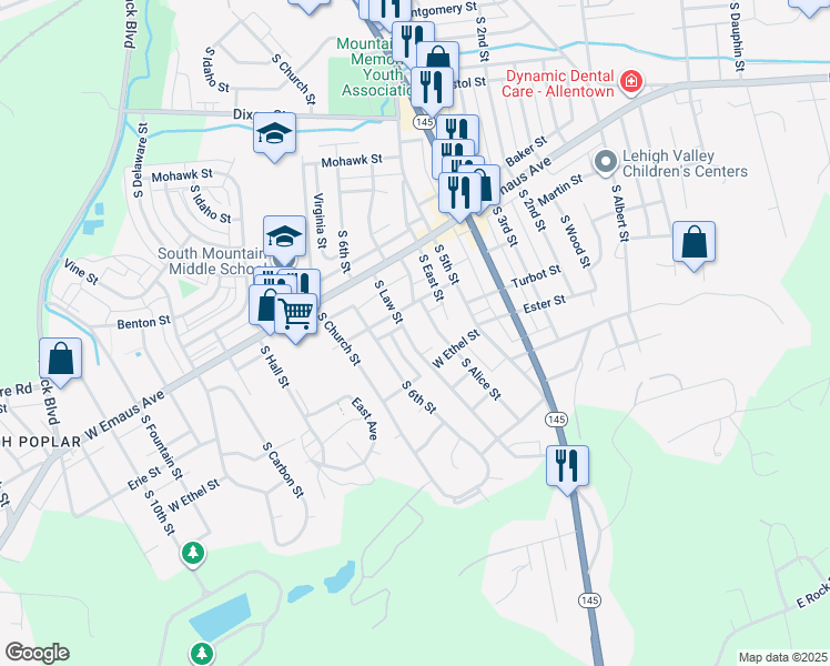 map of restaurants, bars, coffee shops, grocery stores, and more near 2411 South Law Street in Allentown