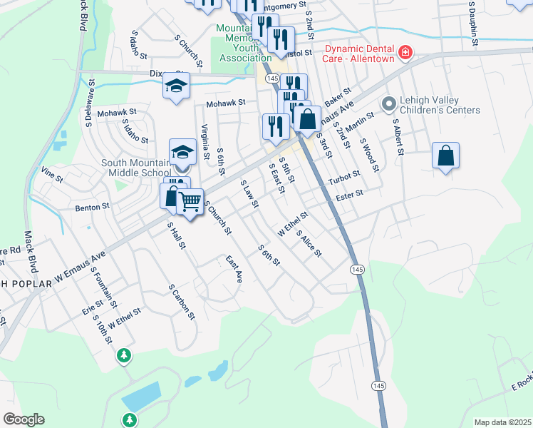 map of restaurants, bars, coffee shops, grocery stores, and more near 2411 South Law Street in Allentown
